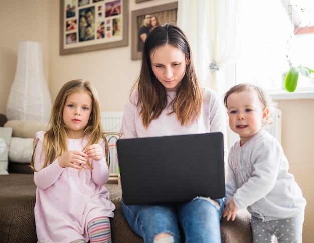 Portrait of a children with their mother working on laptop