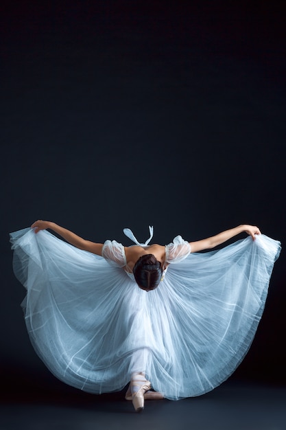 Portrait of the classical ballerina in white dress on black wall