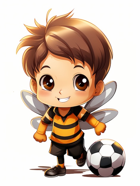 Portrait of cute animated cartoon boy with bee costume and ball