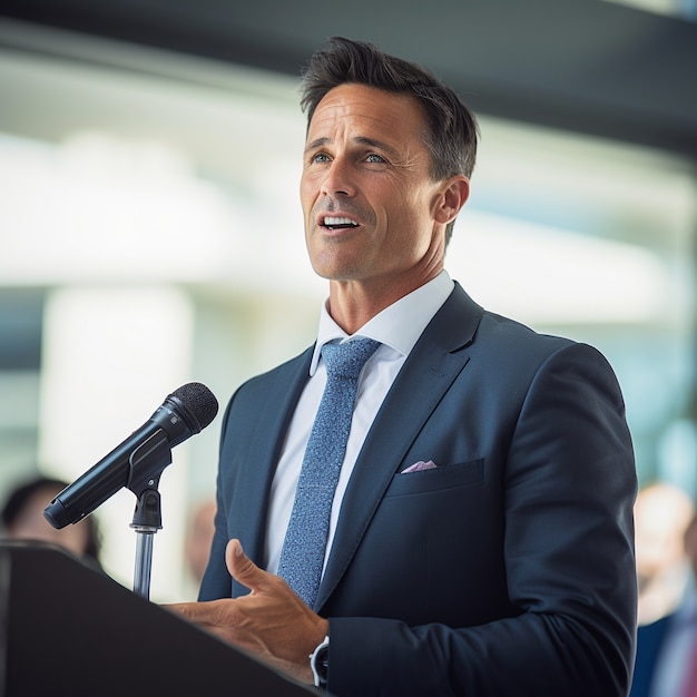 Free Photo portrait of elegant and professional businessman speaking at a conference