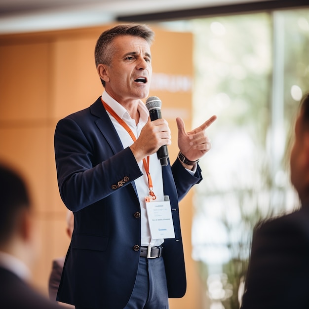 Free photo portrait of elegant and professional businessman speaking at a conference