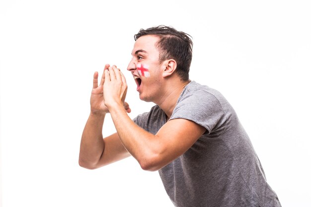 Portrait of England football fan support England national team on white background. Football fans concept.