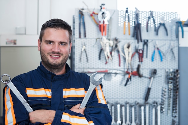 Portrait of experienced smiling car mechanic holding wrenches in workshop