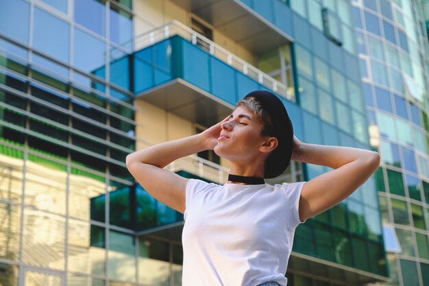 Portrait fashionable woman taking a breake from work relaxing