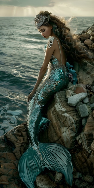 Free Photo portrait of female mermaid with fantasy tail and dreamy aesthetic