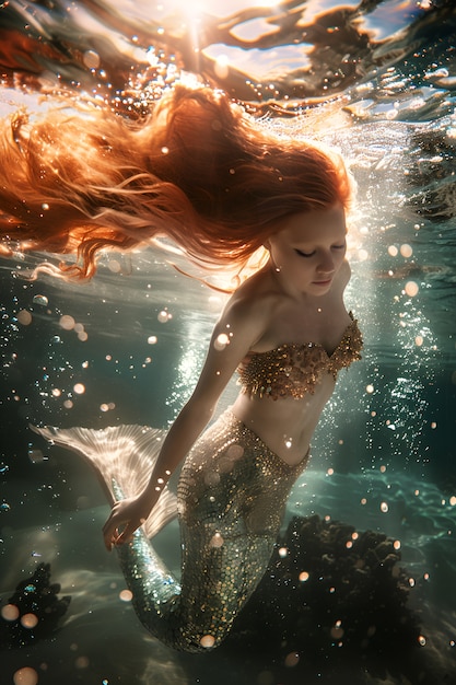 Free photo portrait of female mermaid with fantasy tail and dreamy aesthetic