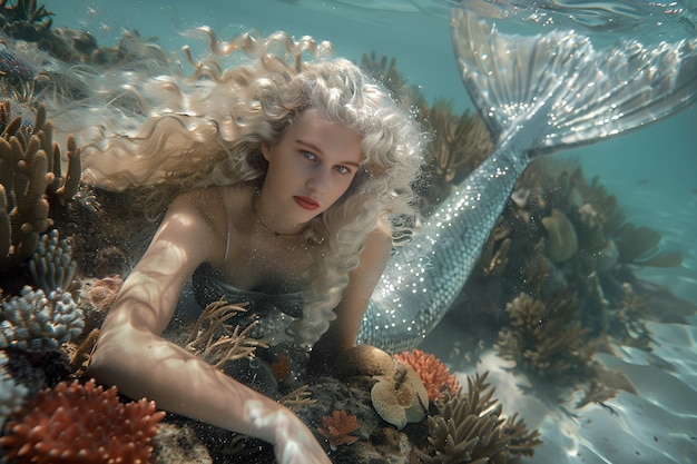 Free Photo portrait of female mermaid with fantasy tail and dreamy aesthetic