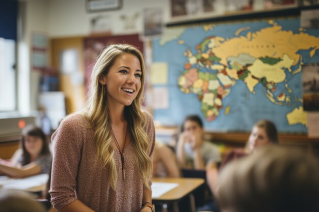 Portrait of female professor teaching in school