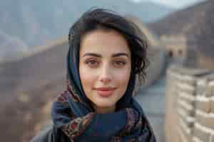 Free photo portrait of female tourist visiting the great wall of china