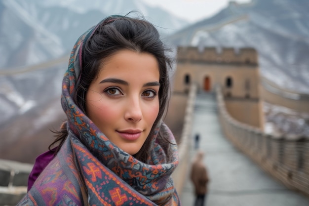 Free photo portrait of female tourist visiting the great wall of china