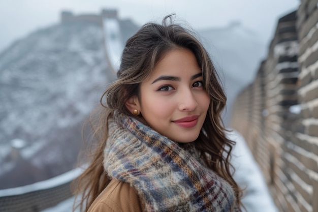 Portrait of female tourist visiting the great wall of china