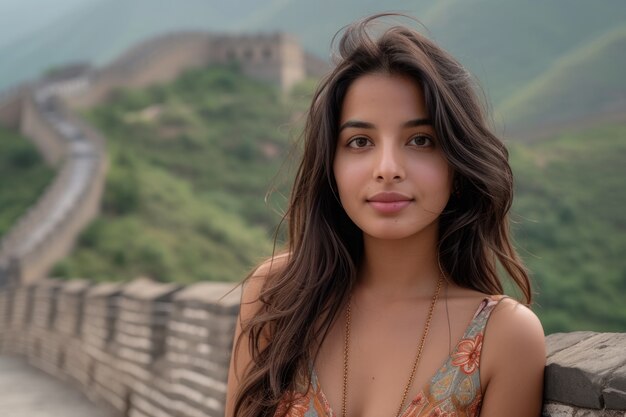 Portrait of female tourist visiting the great wall of china