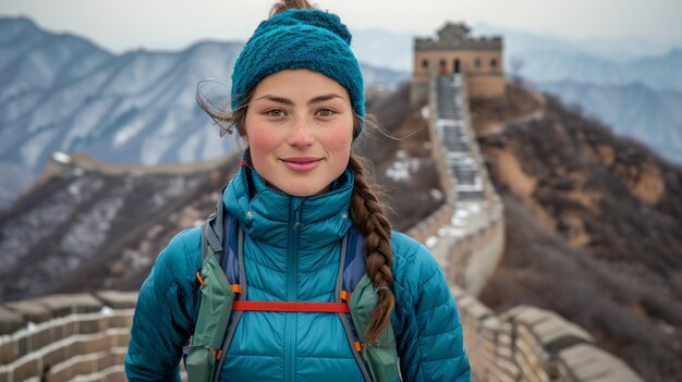 Portrait of female tourist visiting the great wall of china