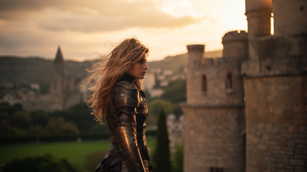 Free photo portrait of female warrior with armor during medieval times