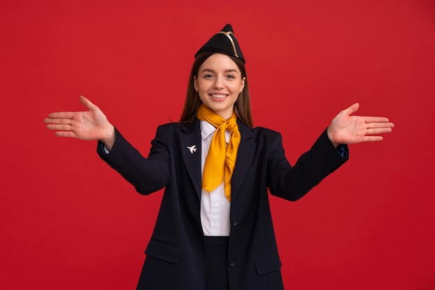 Free photo portrait of flight attendant signaling with hands