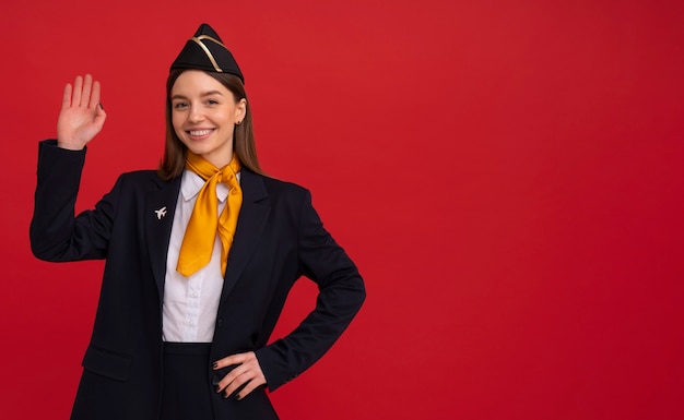 Free photo portrait of flight attendant waving