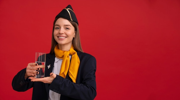 Free Photo portrait of flight attendant with glass of water