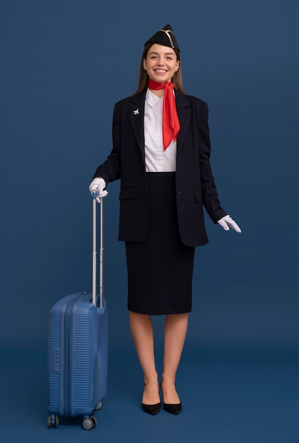 Free photo portrait of flight attendant with luggage