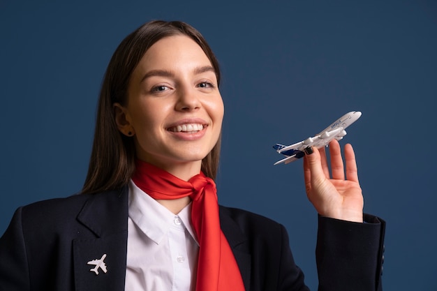 Free photo portrait of flight attendant with plane figurine