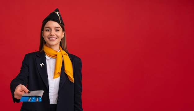 Free Photo portrait of flight attendant with plane tickets and passport