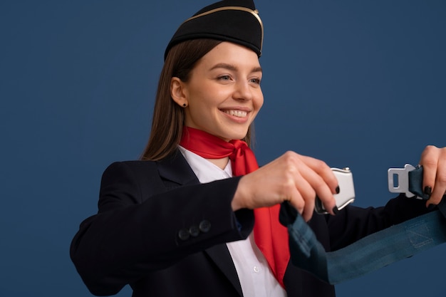 Portrait of flight attendant with safety belt