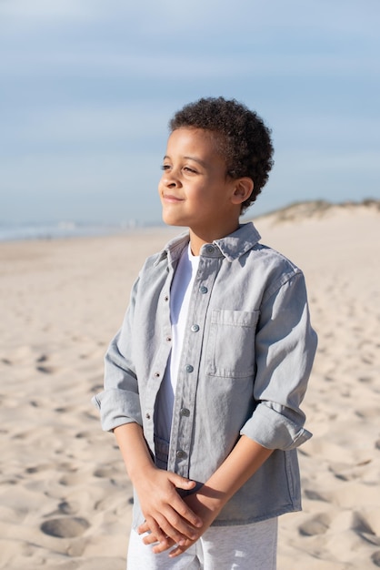 Portrait of focused African American boy on beach. Male model with curly hair in casual clothes looking sideways, posing. Portrait, beauty concept