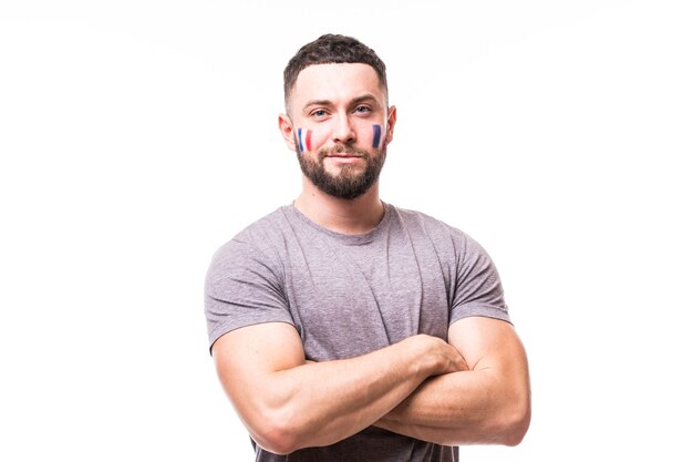 Portrait of France football fan support France national team on white background. Football fans concept.