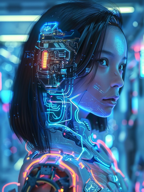 Portrait of futuristic female humanoid with advanced technology