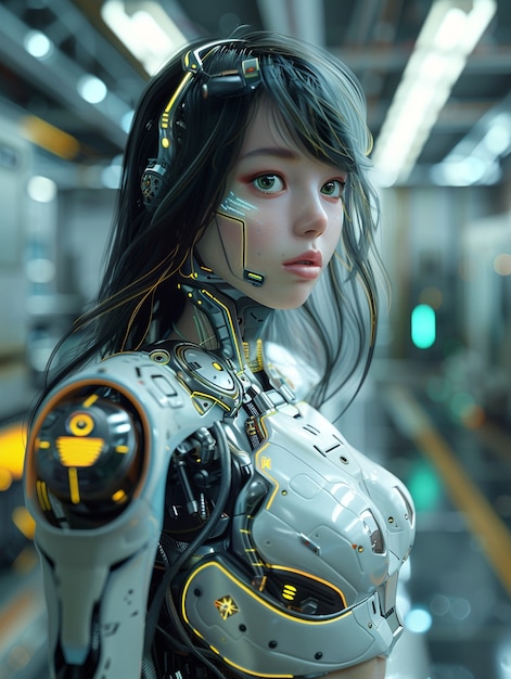 Portrait of futuristic female humanoid with advanced technology