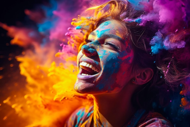 Free photo portrait of a girl at the holi festival rainbow of colors and a holiday of happiness multicolored