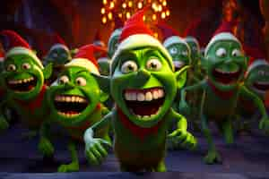 Free photo portrait of the green grinch cartoon characters as elves