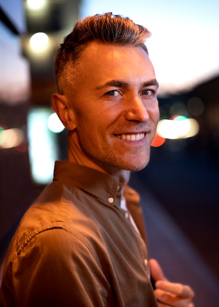 Portrait of handsome man at night in the city lights