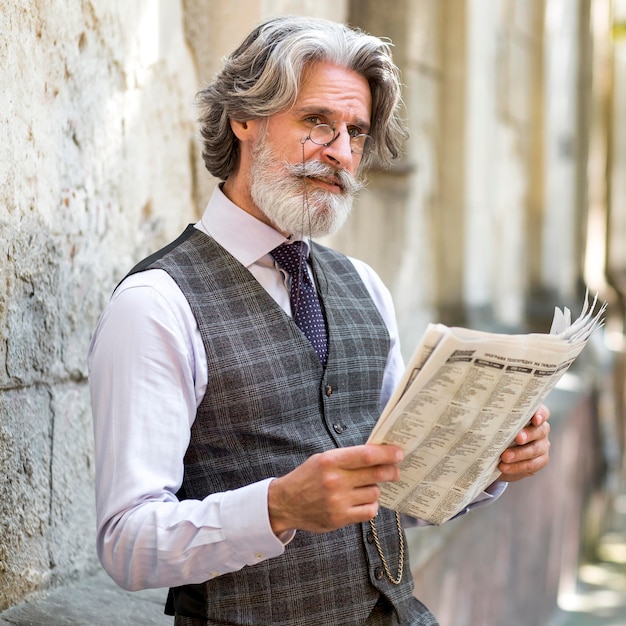 Free photo portrait of handsome mature man reading newspaper