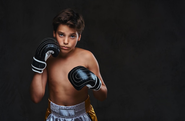 Free photo portrait of a handsome shirtless young boxer wearing gloves, looking at a camera. isolated on the dark background.