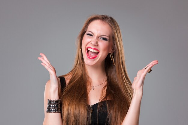 Portrait of happy brunette woman