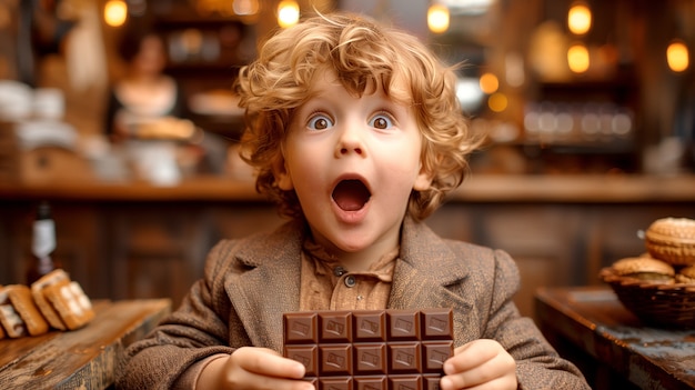 Portrait of happy child eating delicious chocolate