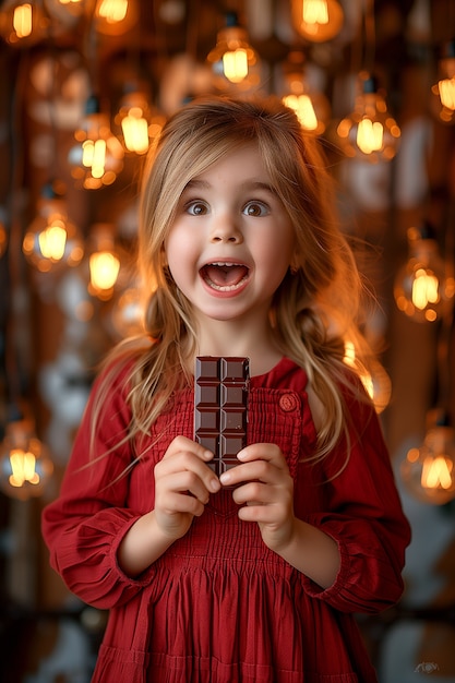 Portrait of happy child eating delicious chocolate