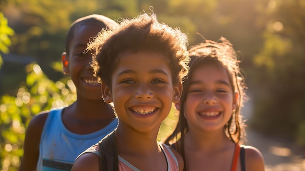 Portrait of happy children in the last days of summer before going back to school closeup concept of