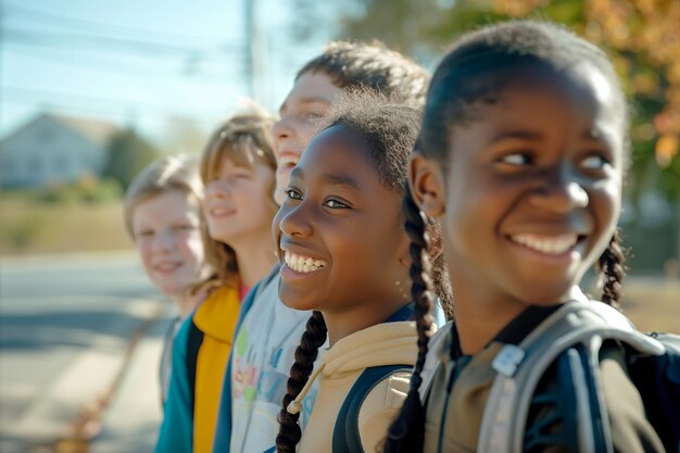 Portrait of happy children waiting at the crossing for permission signal blurred background and sele