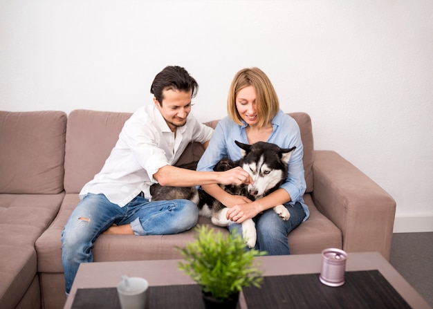 Portrait of happy couple at home with dog