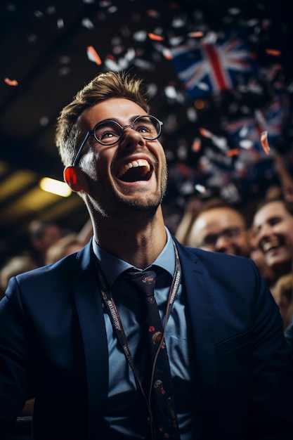 Portrait of happy soccer commentator in suit