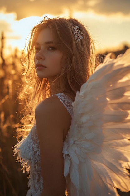 Free photo portrait of human being depicted as an angel with wings