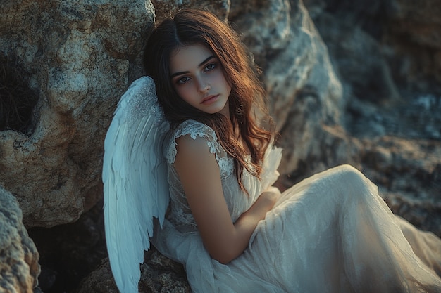 Free photo portrait of human being depicted as an angel with wings