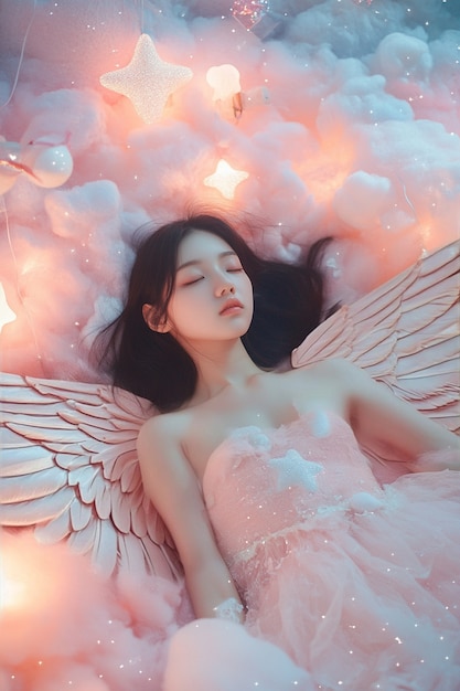 Portrait of human being depicted as an angel with wings