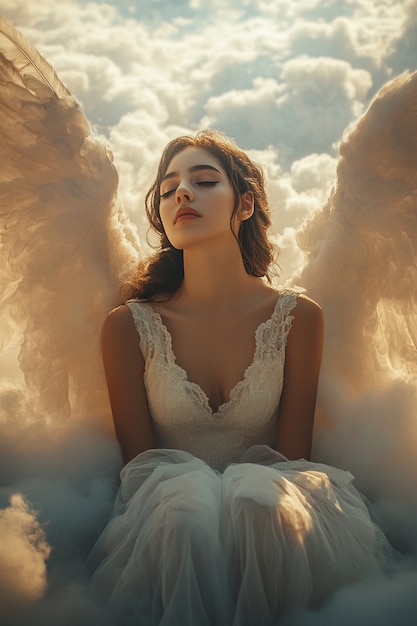 Free photo portrait of human being depicted as an angel with wings