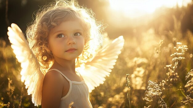 Portrait of human being depicted with angel wings