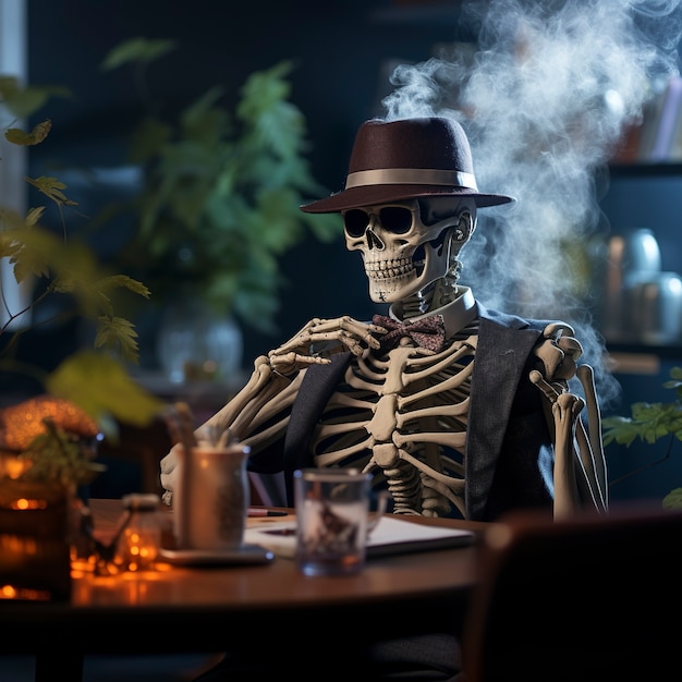 Free photo portrait of human skeleton at a cafe