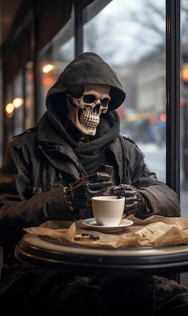 Free photo portrait of human skeleton at a cafe