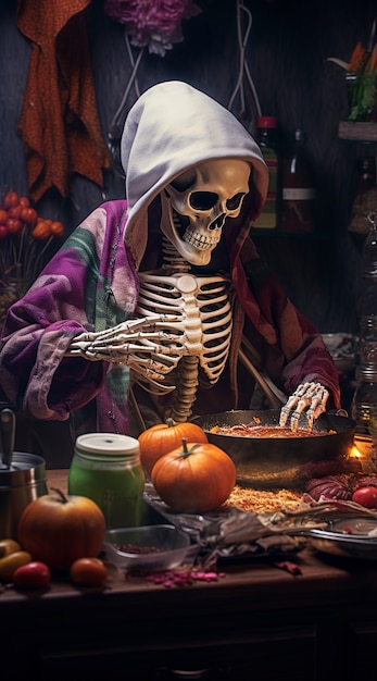 Free photo portrait of human skeleton cooking