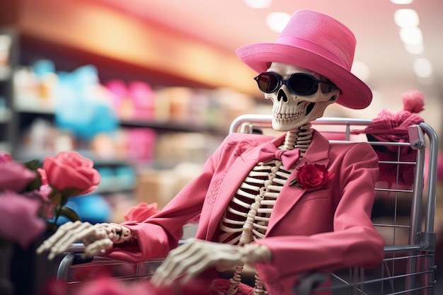 Portrait of human skeleton at the grocery store in shopping cart